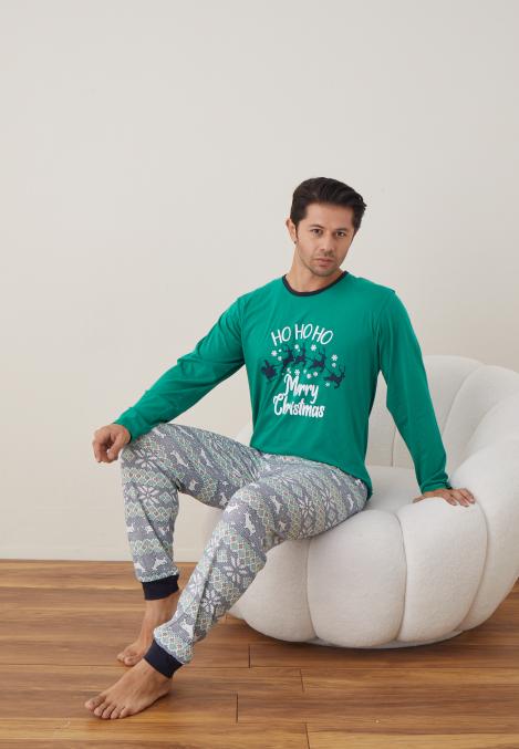 Pijama barbati Craciun "HO HO " maneca lunga ,pantaloni lungi,Culoare Verde, Engros